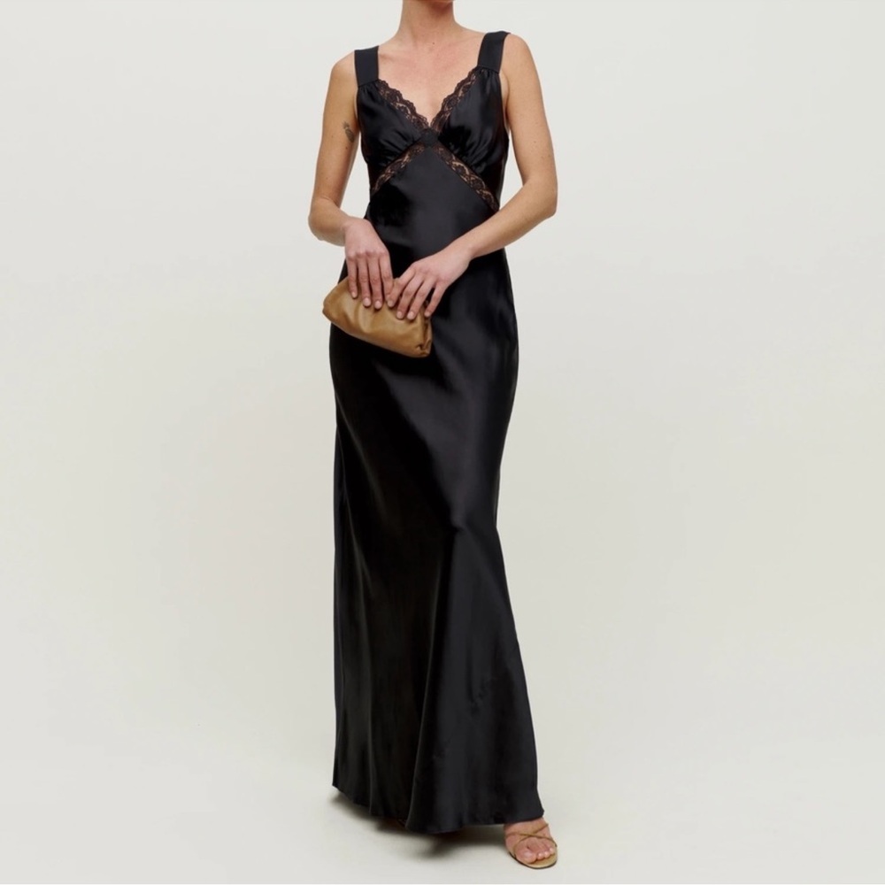Reformation black long dress lace silk